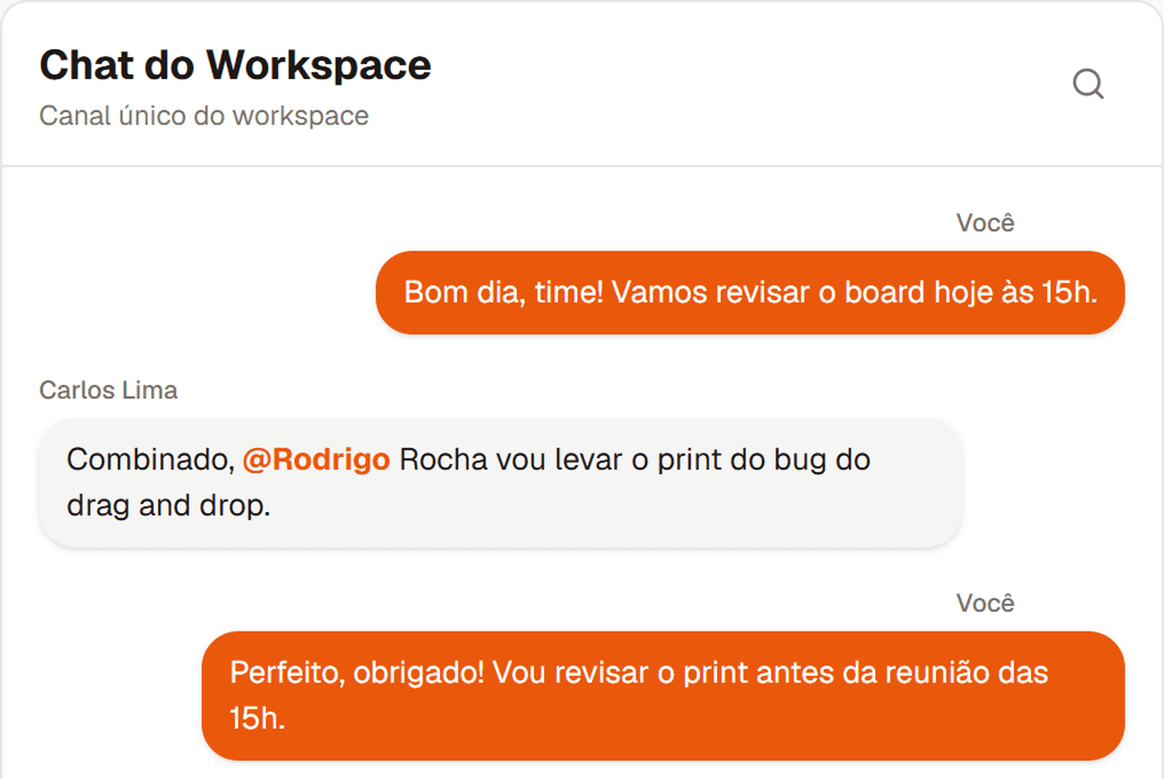 Chat do Workspace do Lignum, com uma conversa entre membros do time