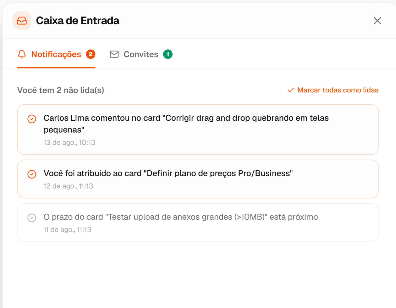 Caixa de entrada do Lignum com notificações recentes do workspace